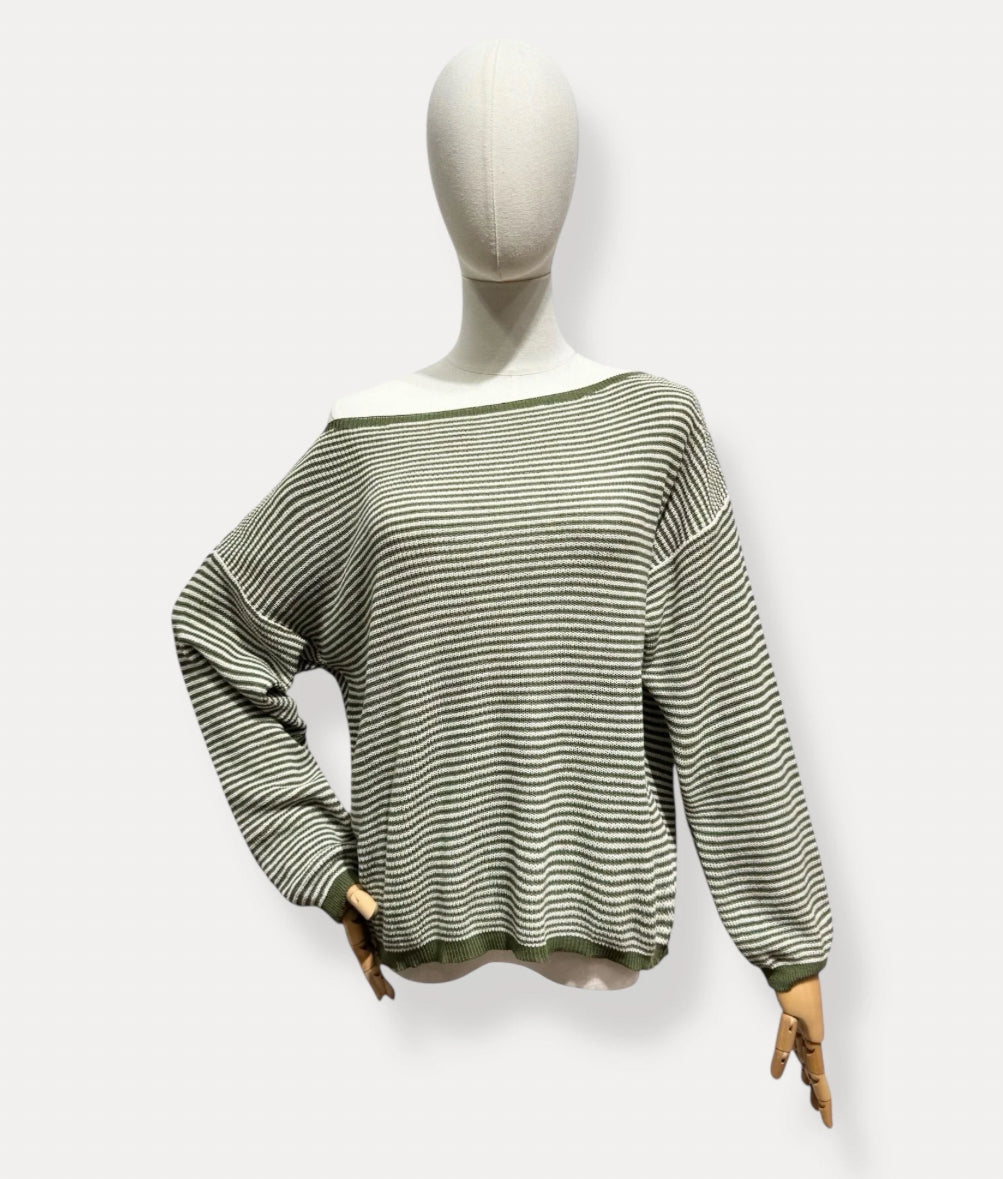 Stripes off shoulder trui kaki