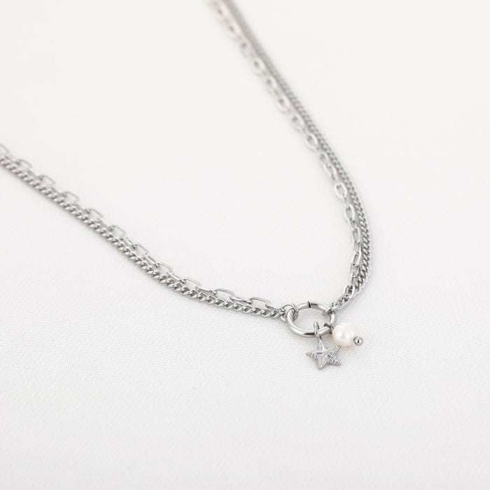 Double star pearl necklace silver