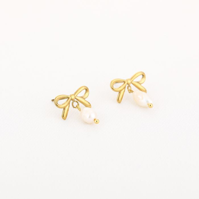 Bow pearl earrings gold