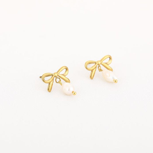 Bow pearl earrings gold
