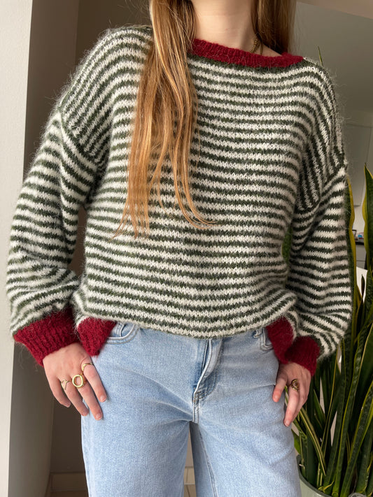 Stripes trui kaki bordeaux