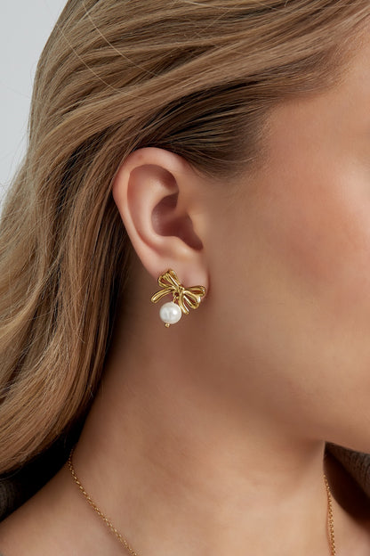 Bow pearl earrings gold