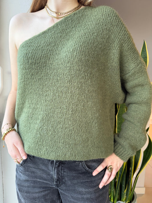 One shoulder trui kaki